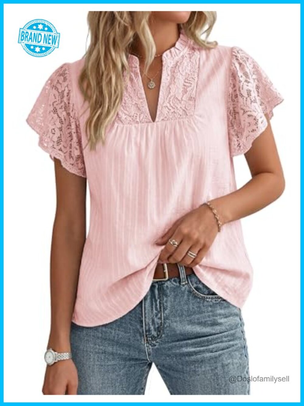 Womens Lace Short Sleeve Cotton Blouse V Neck Flowy Casual Dressy Top